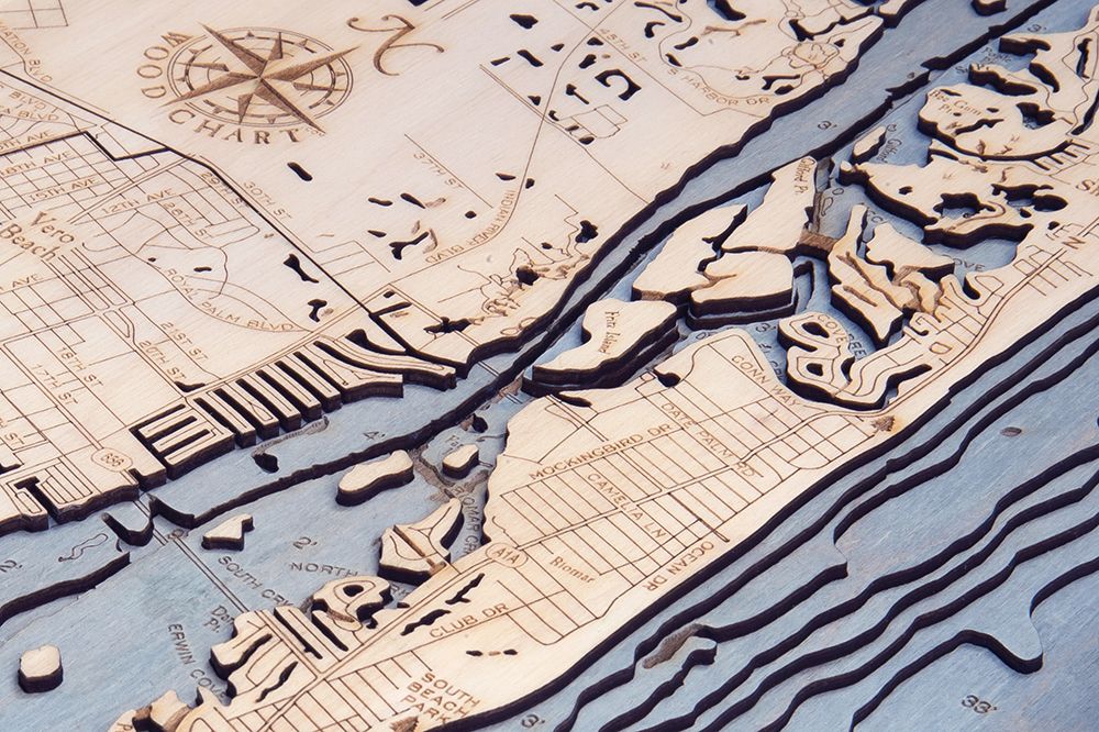 Indian River 3D wood map, white frame