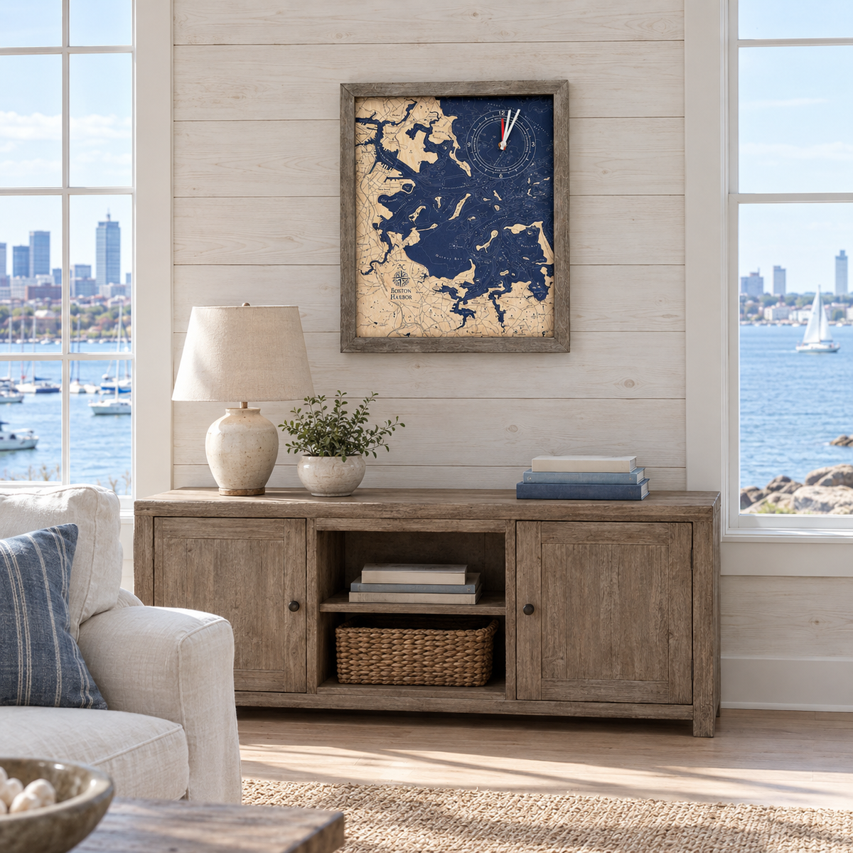 Boston Harbor, Massachusetts framed tide and time clock hanging on the wall in a beach house great room