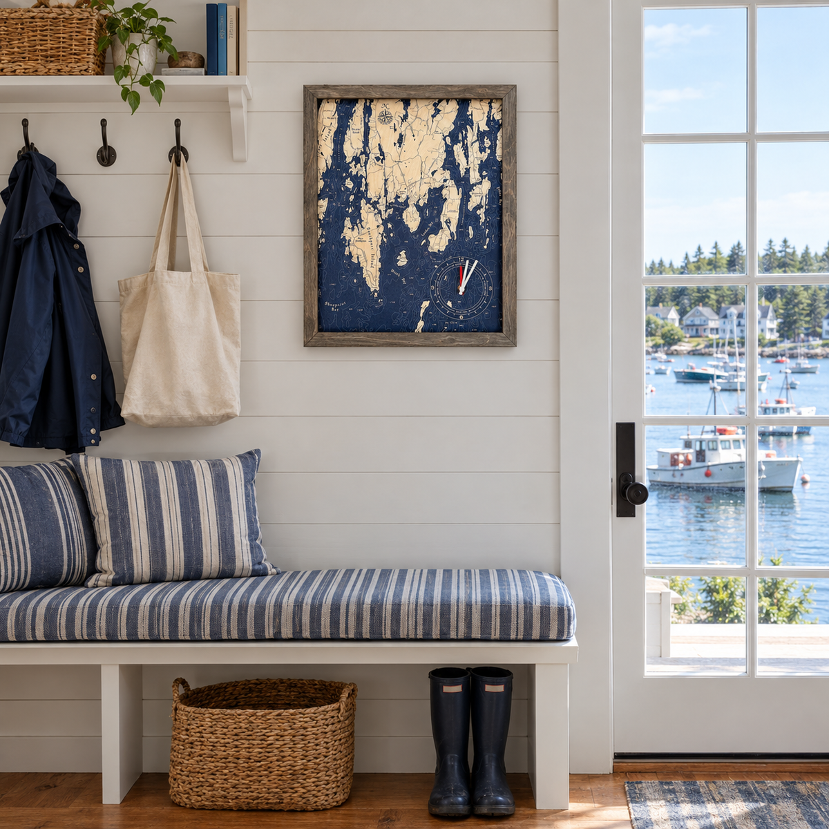 Boothbay Harbor, Maine framed tide and time clock hanging on the wall in a cottage mudroom