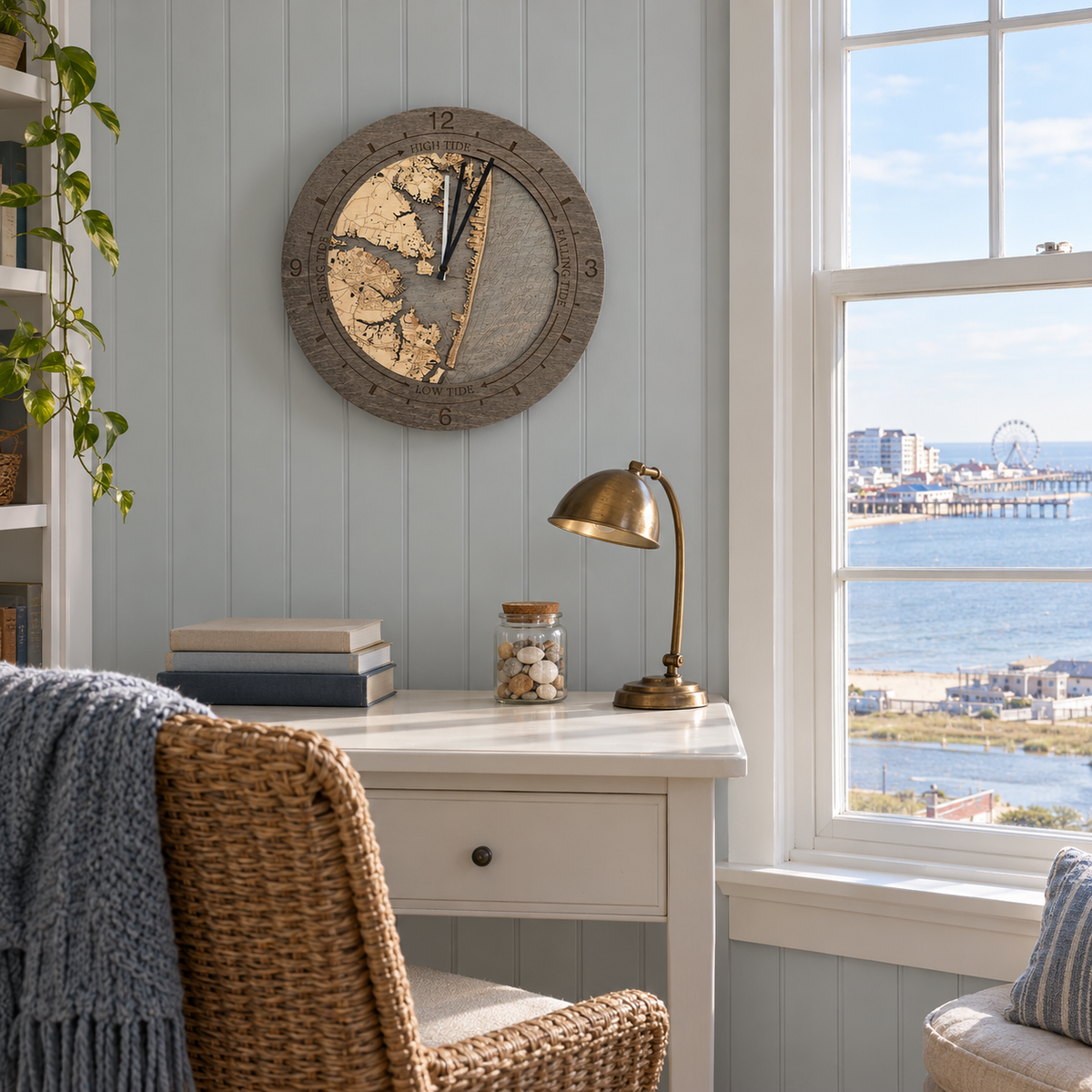 Ocean City, Maryland tide and time clock hanging on the wall in a cottage reading nook