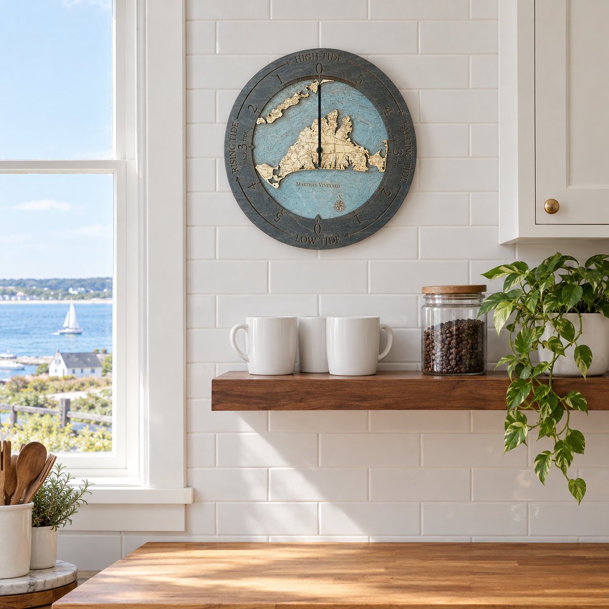 Martha's Vineyard, Massachusetts wood tide clock hanging on the wall in a coastal kitchen