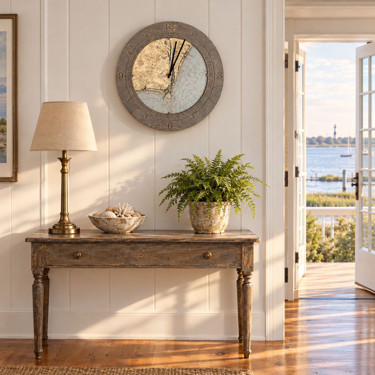 Cape Fear, North Carolina tide and time clock hanging on the wall in a bright entry hall