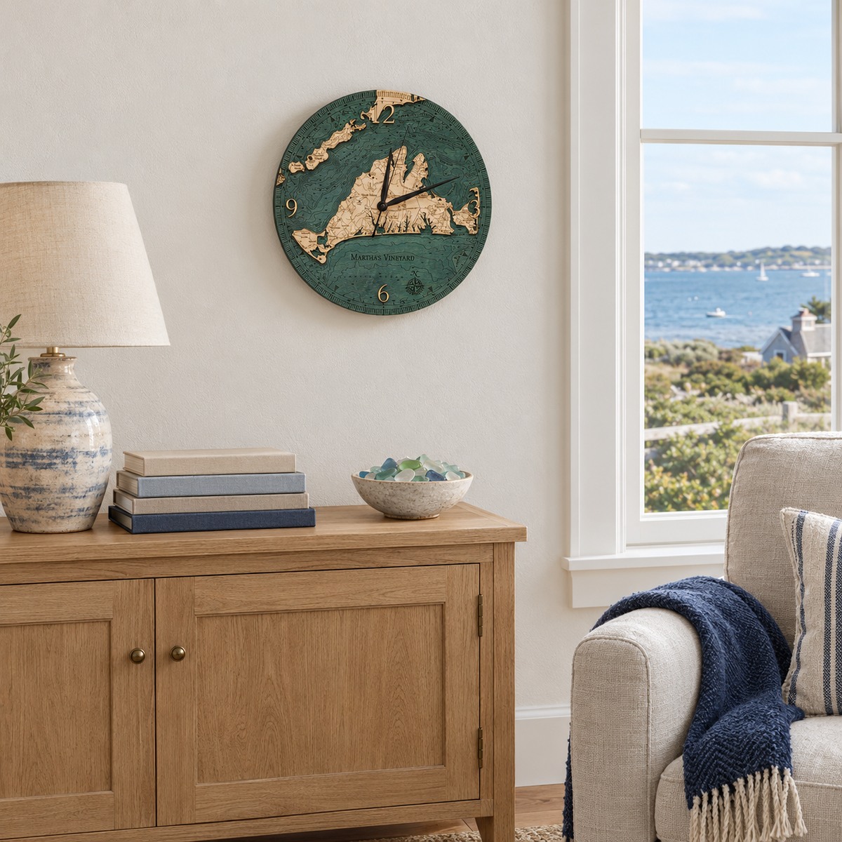 Martha's Vineyard, Massachusetts wood wall clock hanging on the wall in a coastal living room