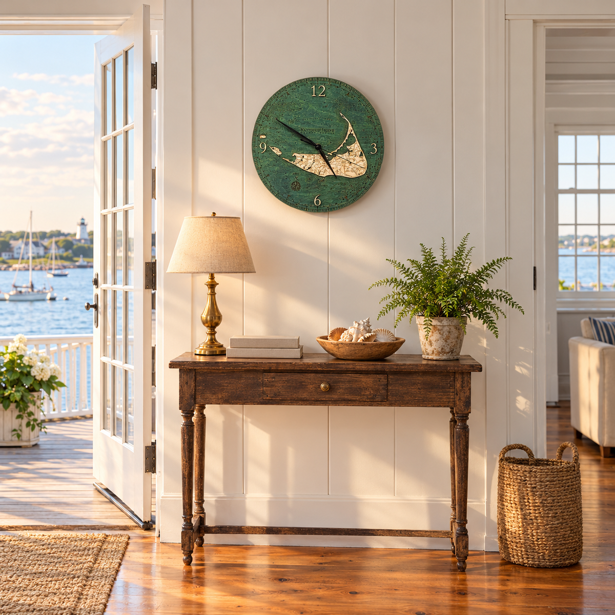 Nantucket, Massachusetts wood wall clock hanging on the wall in a bright entry hall