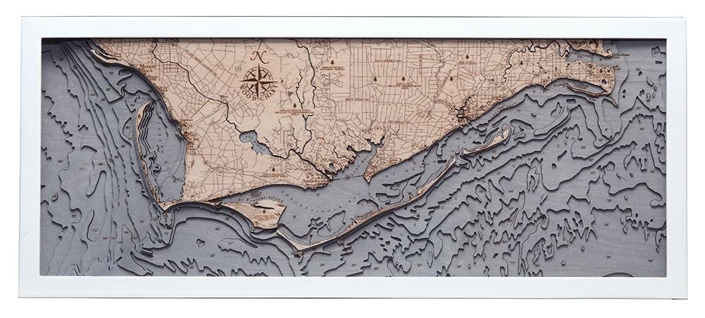 Mexico Beach to Bald Point, Florida 3D layered wood map in laser-cut Baltic birch, shown framed against a light wall
