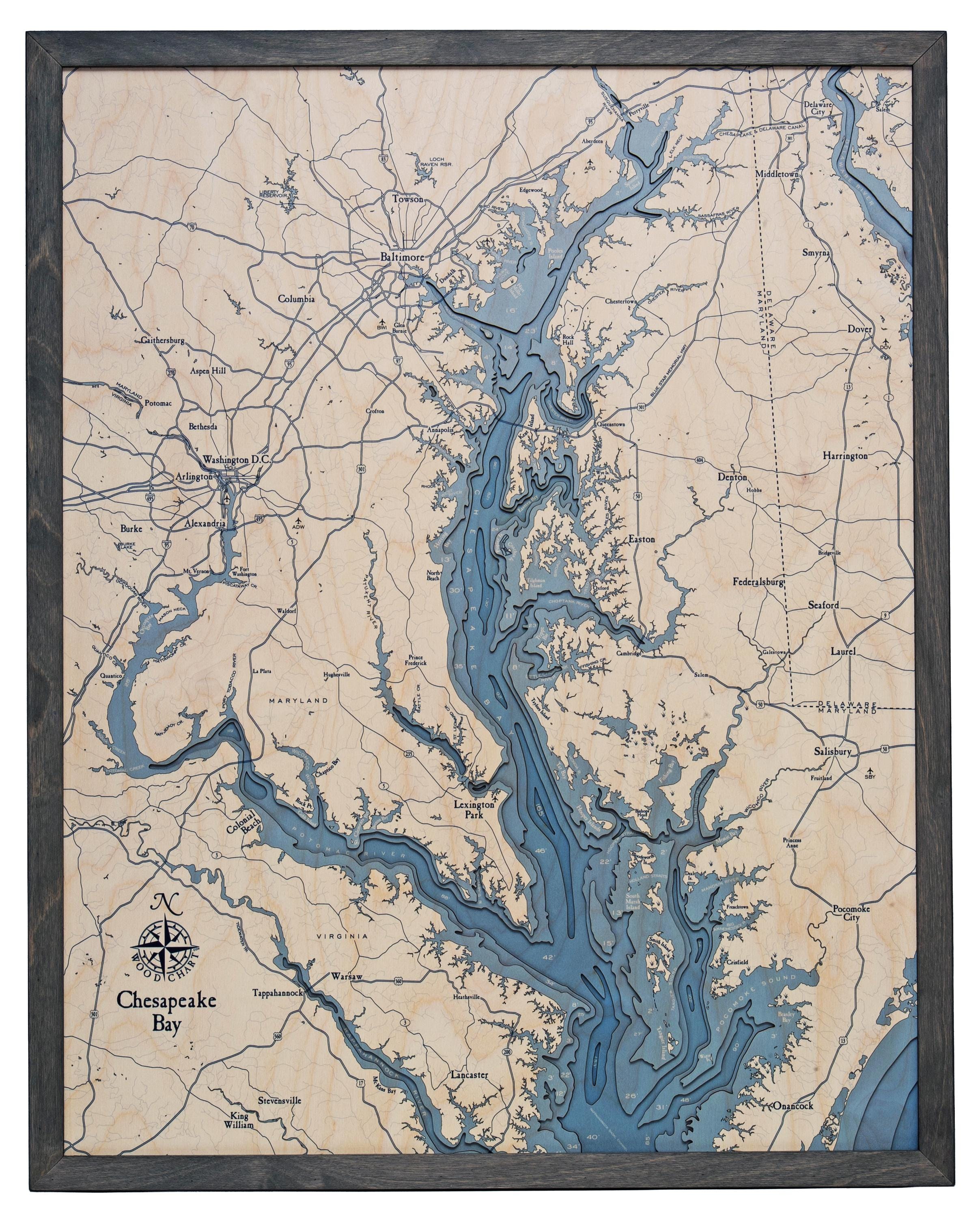 Chesapeake Bay, Maryland 3D layered wood map in laser-cut Baltic birch, shown framed against a light wall