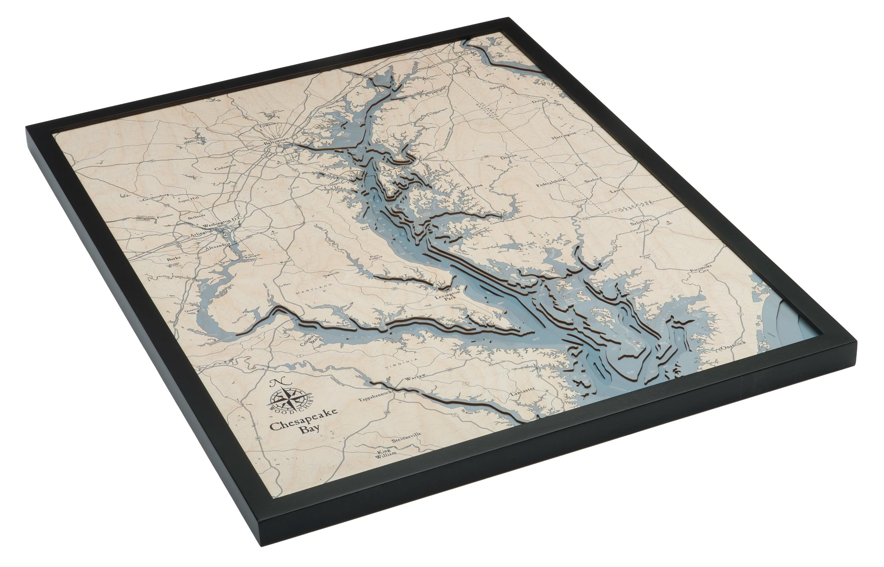 Chesapeake Bay, Maryland 3D layered wood map in laser-cut Baltic birch, shown framed against a light wall