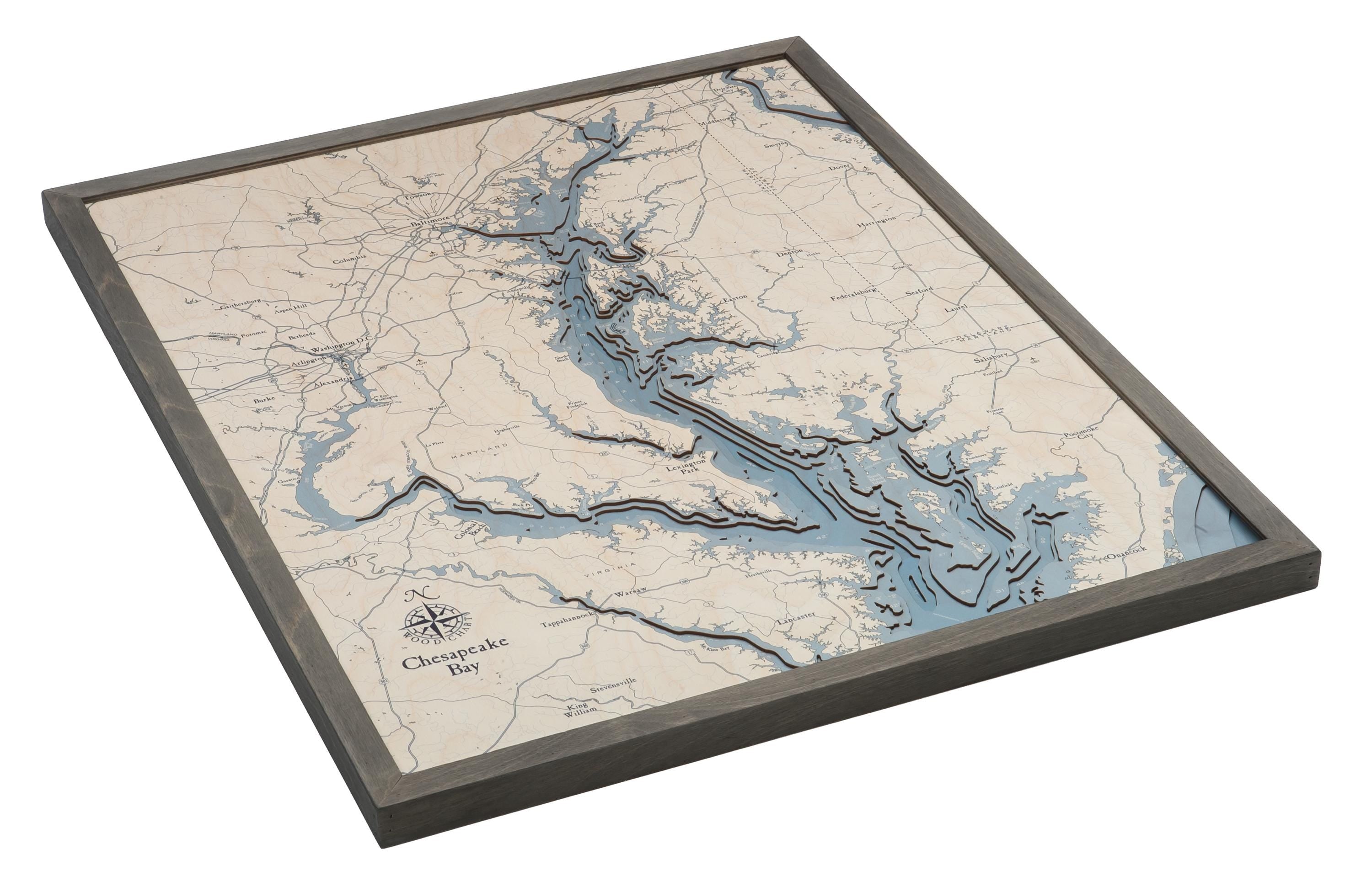Chesapeake Bay, Maryland 3D layered wood map in laser-cut Baltic birch, shown framed against a light wall