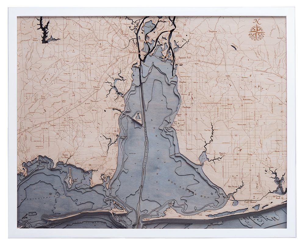 Mobile Bay 3D wood map, white frame