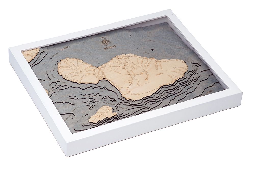 Maui, Hawaii 3D wood map, white frame