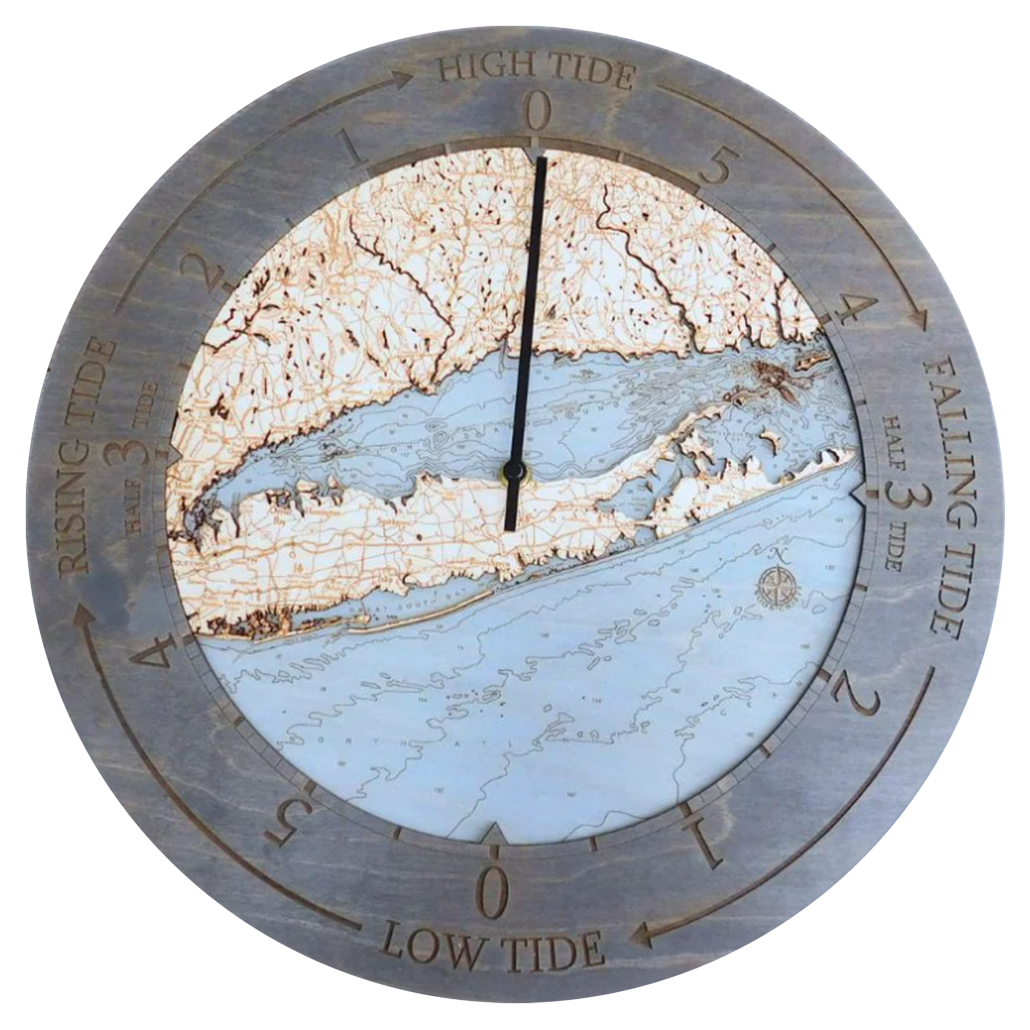 Long Island Sound wood tide clock in laser-cut Baltic birch, shown framed against a light wall
