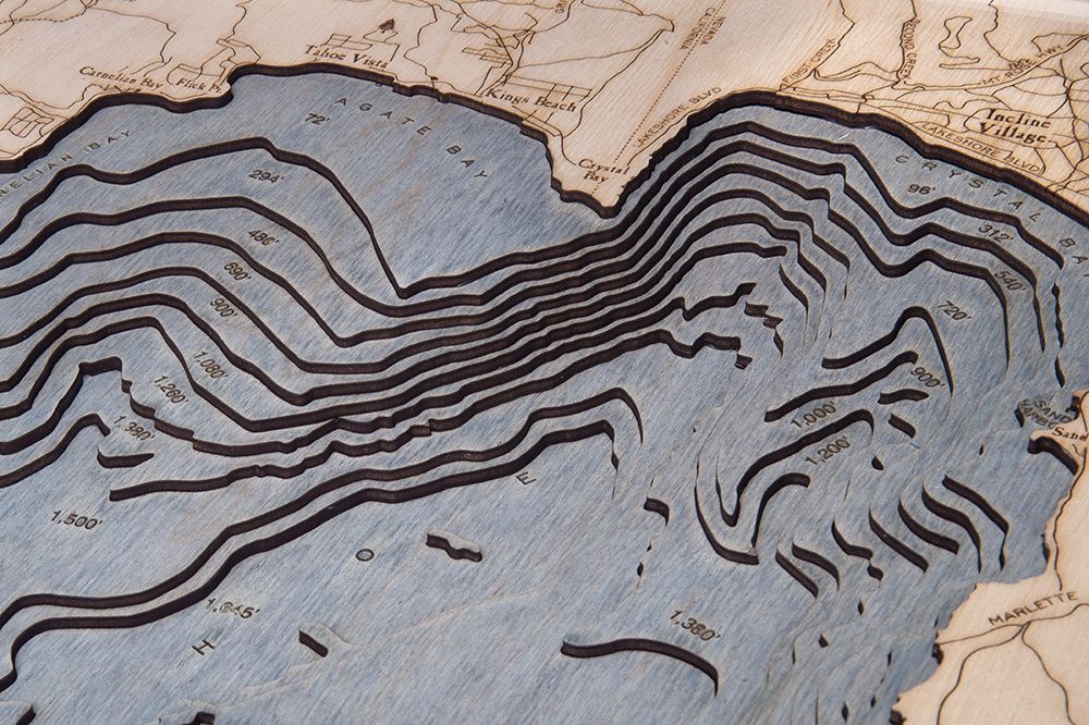 Lake Tahoe, California 3D wood map, white frame