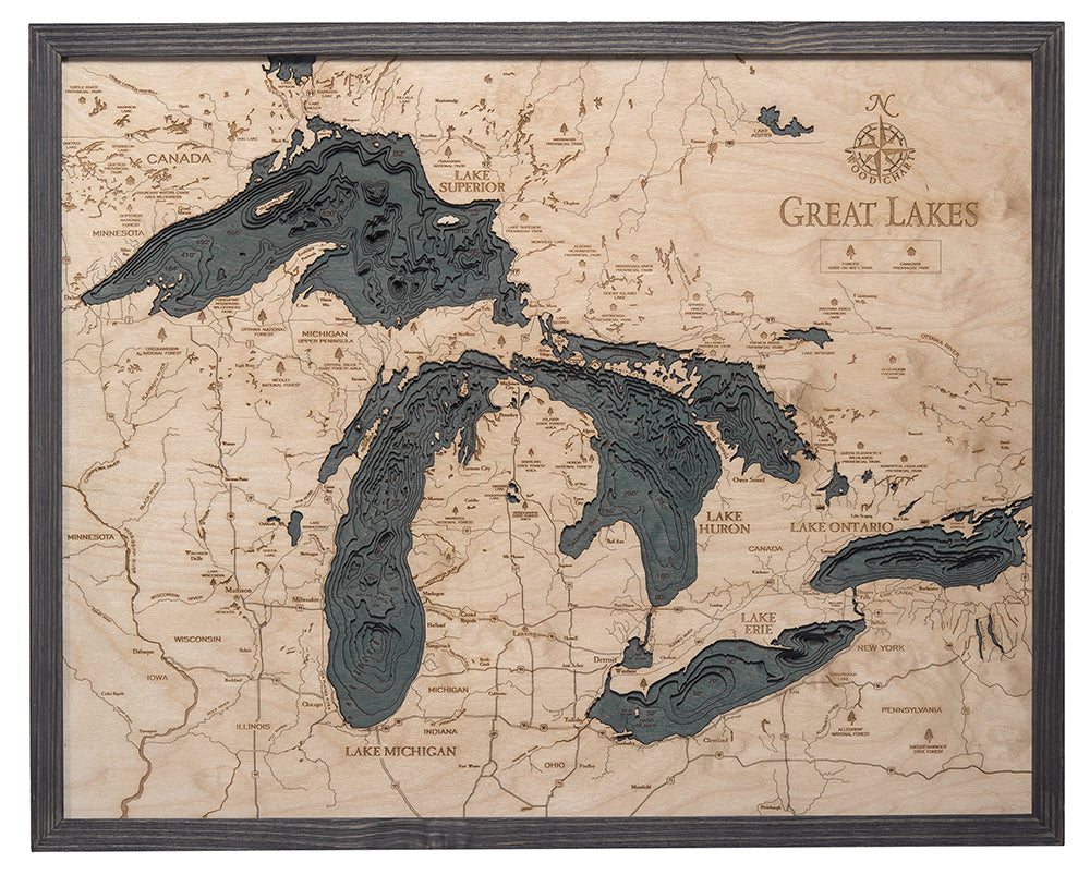 Great Lakes Wood Carved Topographical Depth Chart / Map - Nautical Lake Art