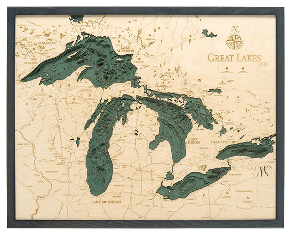 Great Lakes Wood Carved Topographical Depth Chart / Map - Nautical Lake Art