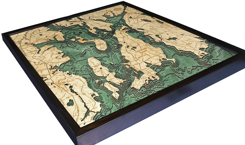 Narragansett Bay & Newport, Rhode Island 3D layered wood map in laser-cut Baltic birch, shown framed against a light wall