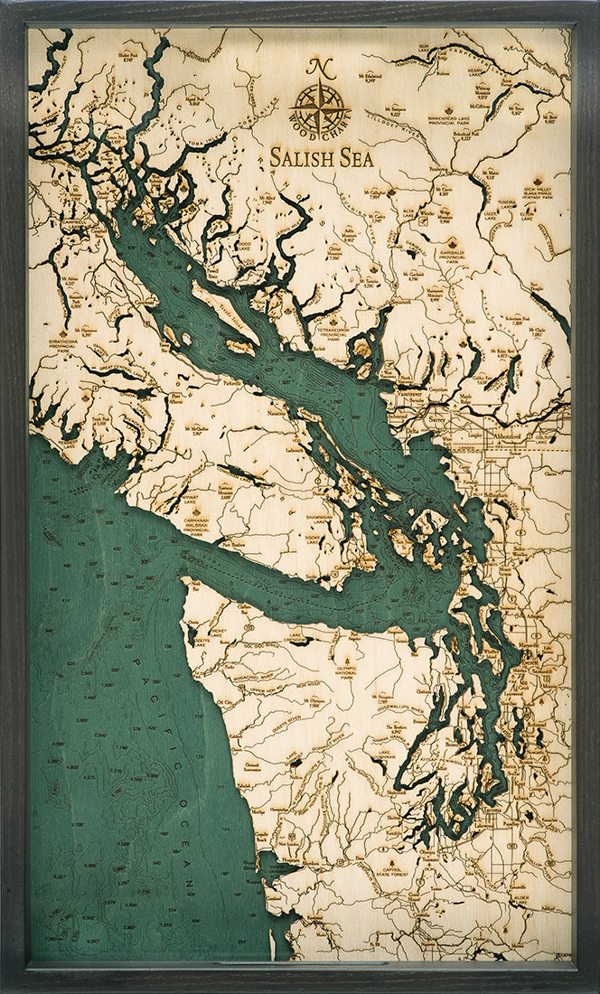 Salish Sea, Washington wood serving tray in laser-cut Baltic birch, shown framed against a light wall