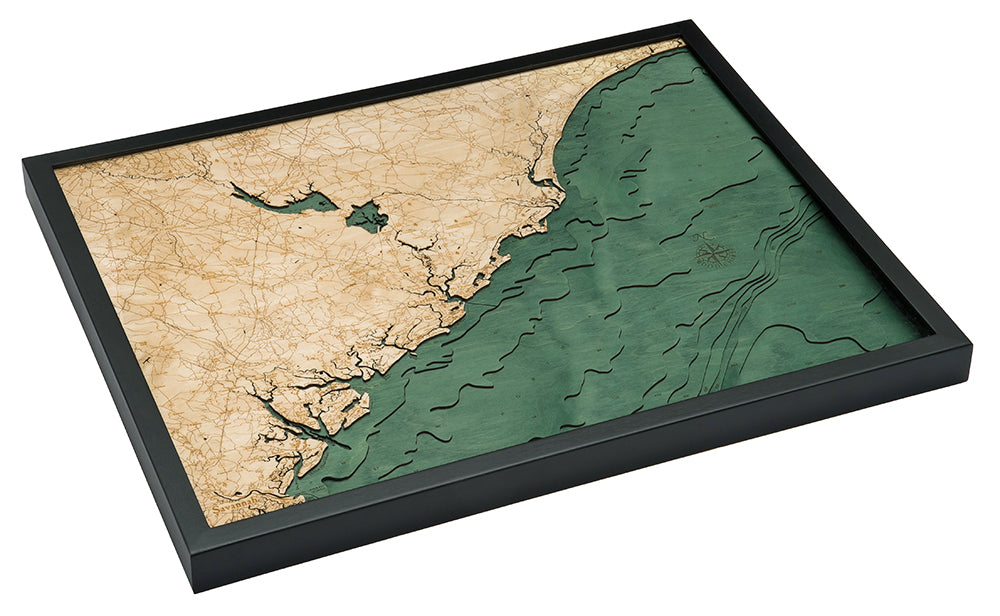 South Carolina Coast 3D layered wood map in laser-cut Baltic birch, shown framed against a light wall