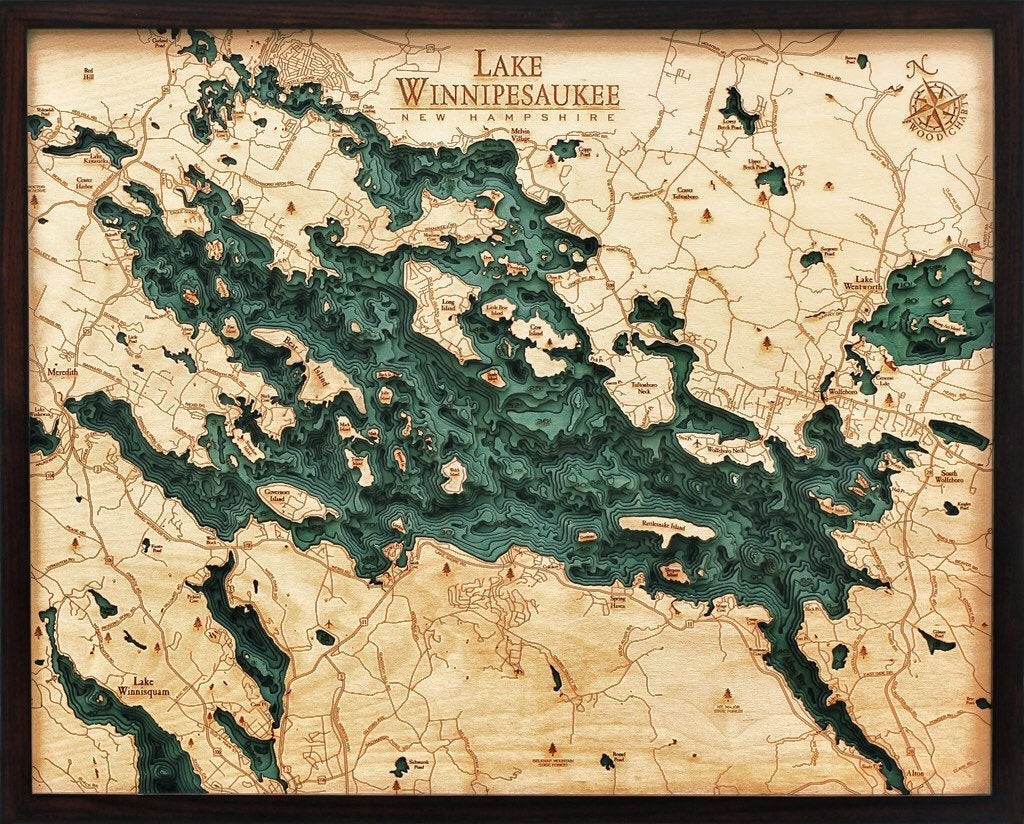 Lake Winnipesaukee Wood Carved Topographic Depth Chart / Map - Nautical Lake Art