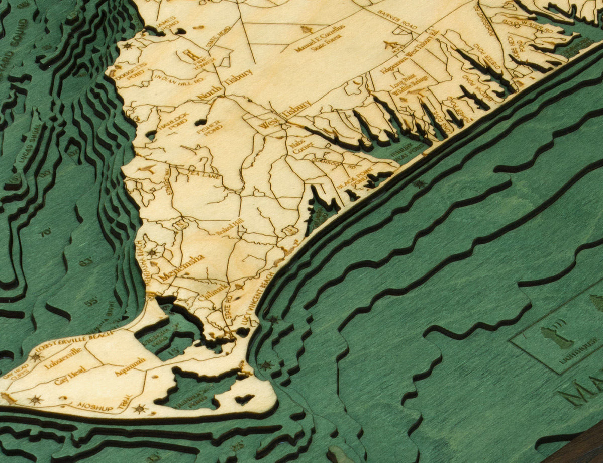 Martha's Vineyard, Massachusetts 3D layered wood map in laser-cut Baltic birch, shown framed against a light wall