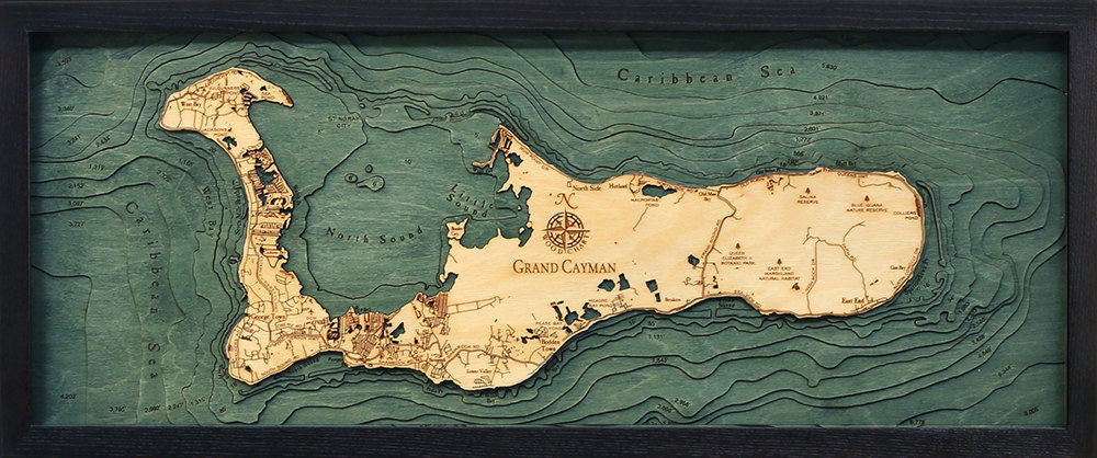 Grand Cayman Wood Carved Topographic Map - Nautical Lake Art
