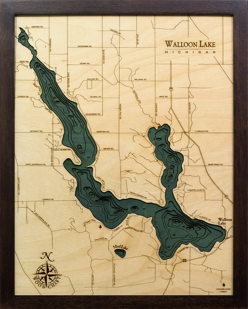 Walloon Lake, Michigan 3D layered wood map in laser-cut Baltic birch, shown framed against a light wall