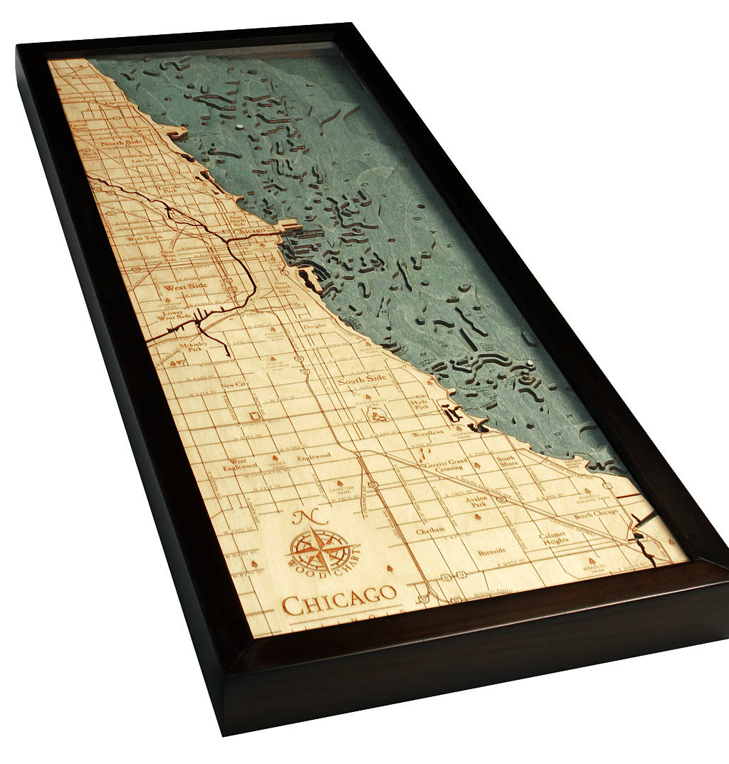 Chicago, Illinois 3D layered wood map in laser-cut Baltic birch, shown framed against a light wall