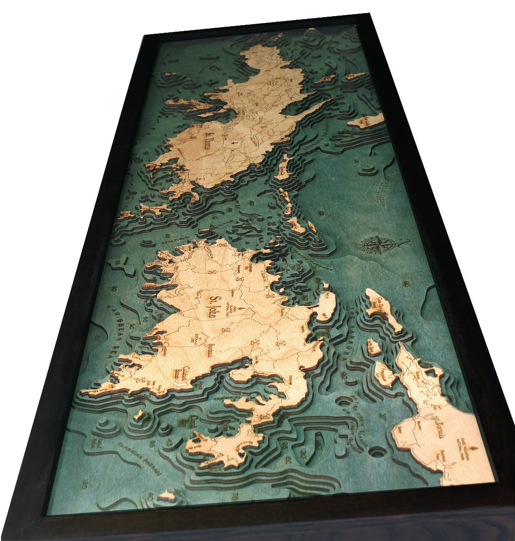 Virgin Islands, Caribbean 3D layered wood map in laser-cut Baltic birch, shown framed against a light wall
