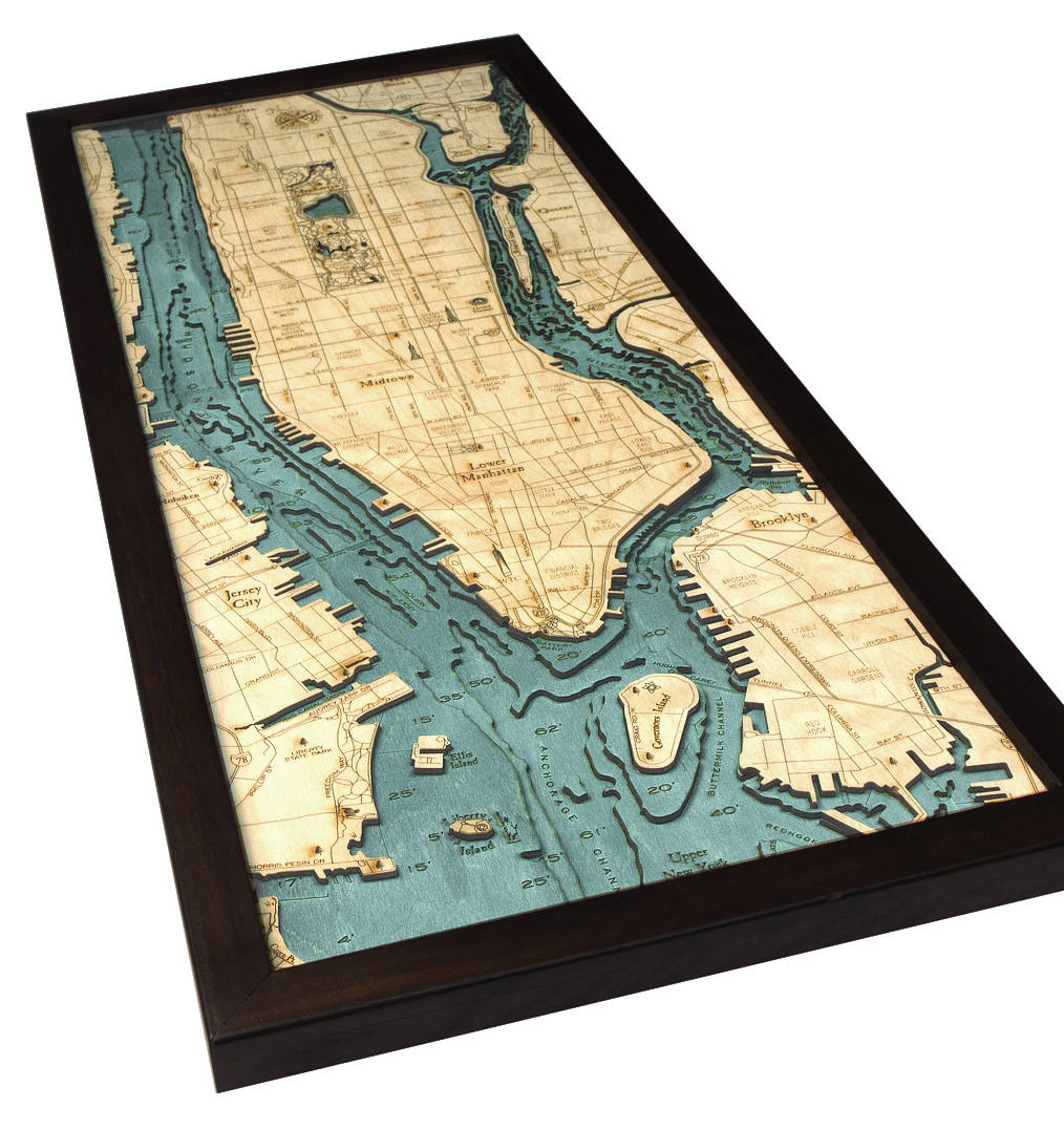 Manhattan, New York 3D layered wood map in laser-cut Baltic birch, shown framed against a light wall