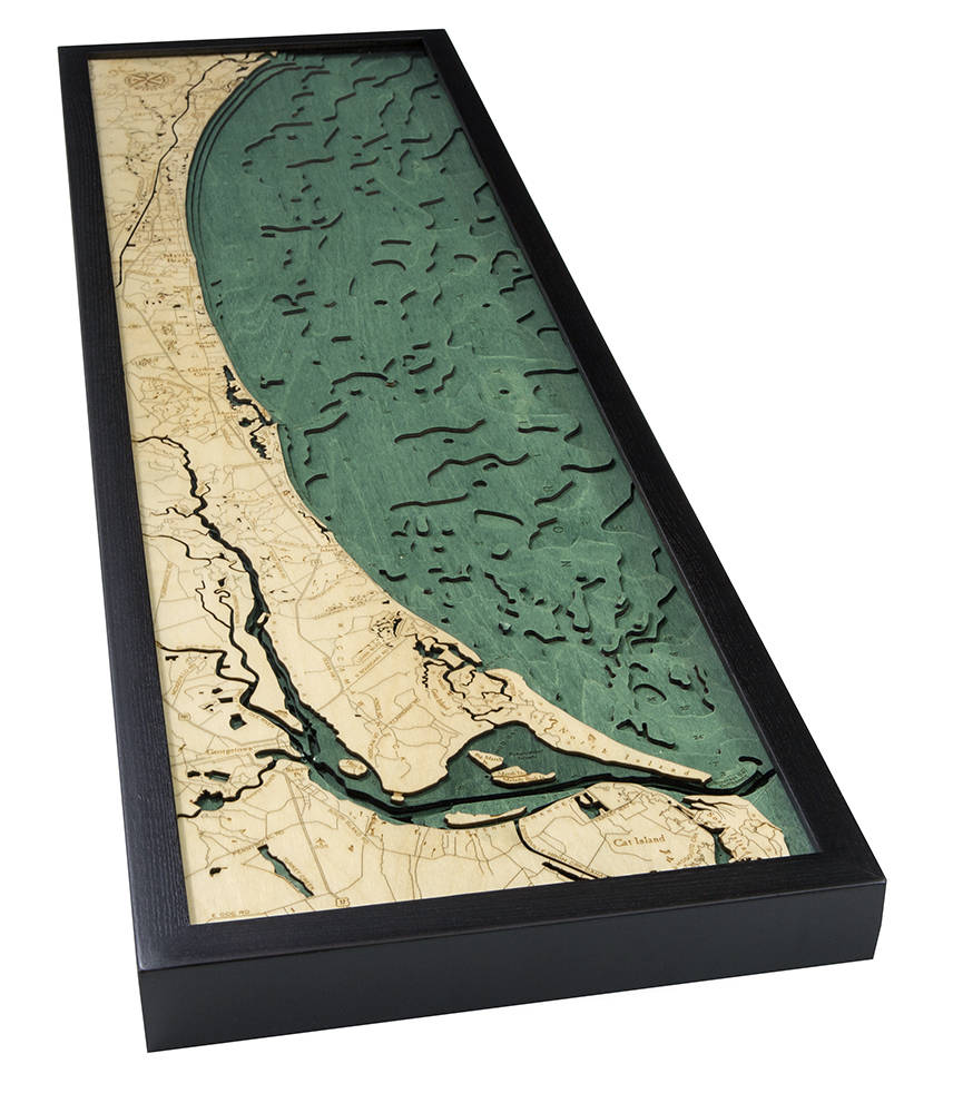 Myrtle Beach, South Carolina 3D layered wood map in laser-cut Baltic birch, shown framed against a light wall
