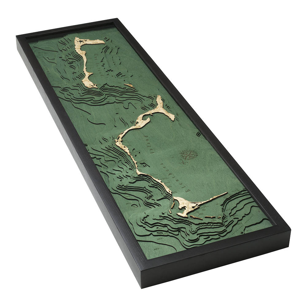 Eleuthera, Bahamas 3D layered wood map in laser-cut Baltic birch, shown framed against a light wall
