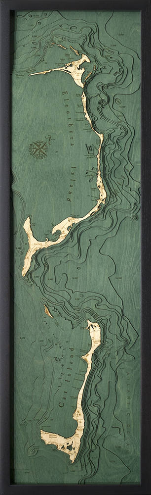 Eleuthera, Bahamas 3D layered wood map in laser-cut Baltic birch, shown framed against a light wall