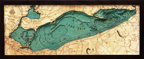 Lake Erie 3D layered wood map in laser-cut Baltic birch, shown framed against a light wall