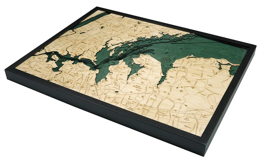West Long Island, New York 3D layered wood map in laser-cut Baltic birch, shown framed against a light wall