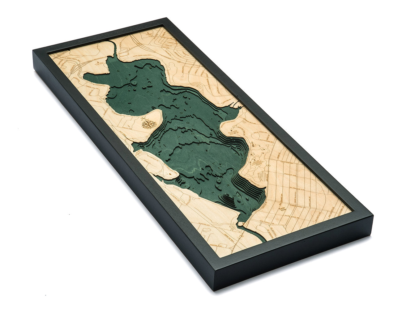White Rock Lake, Texas 3D layered wood map in laser-cut Baltic birch, shown framed against a light wall