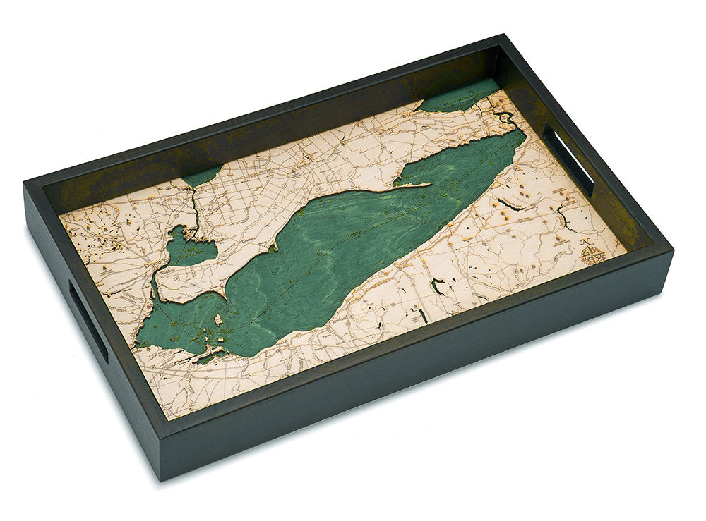 Lake Erie wood serving tray in laser-cut Baltic birch, shown framed against a light wall