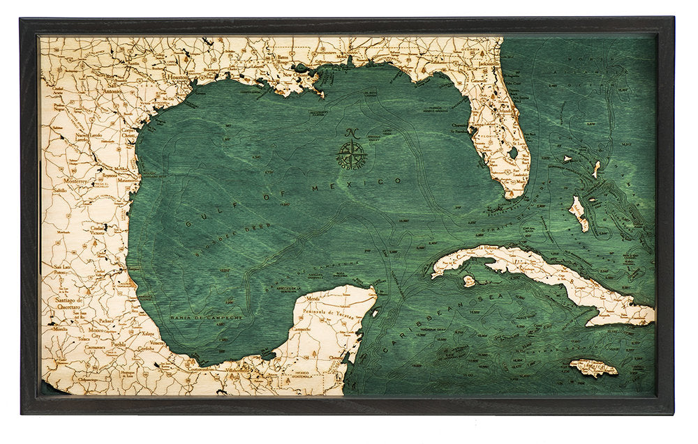 Gulf Of Mexico wood serving tray in laser-cut Baltic birch, shown framed against a light wall