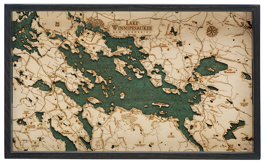 Lake Winnipesaukee, New Hampshire wood serving tray in laser-cut Baltic birch, shown framed against a light wall