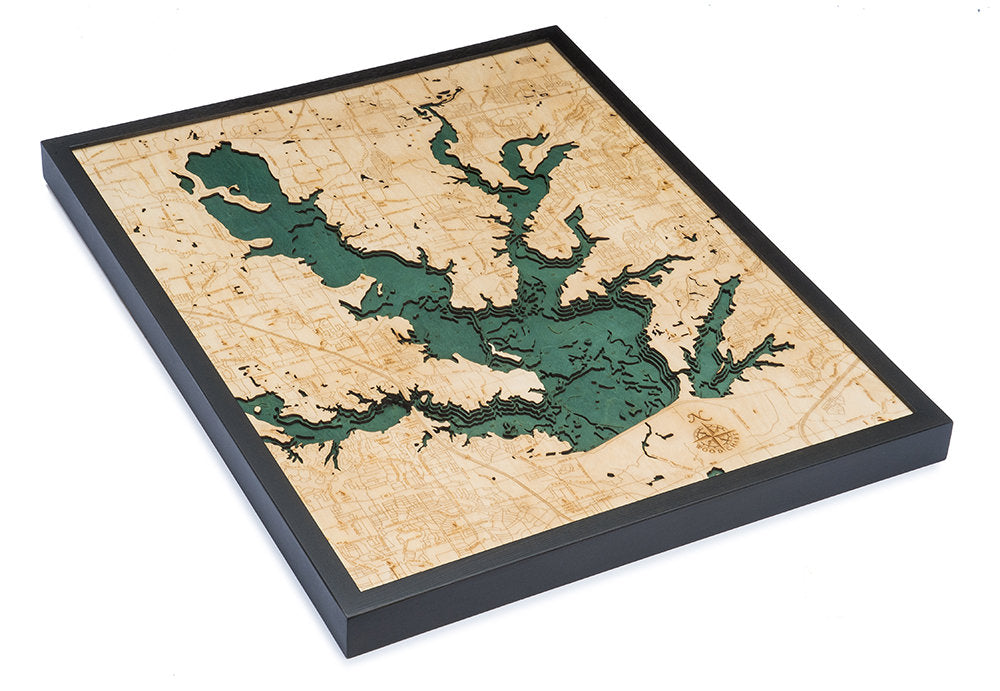 Lewisville Lake, Texas 3D layered wood map in laser-cut Baltic birch, shown framed against a light wall