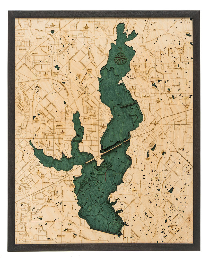 Lake Ray Hubbard, Texas 3D layered wood map in laser-cut Baltic birch, shown framed against a light wall