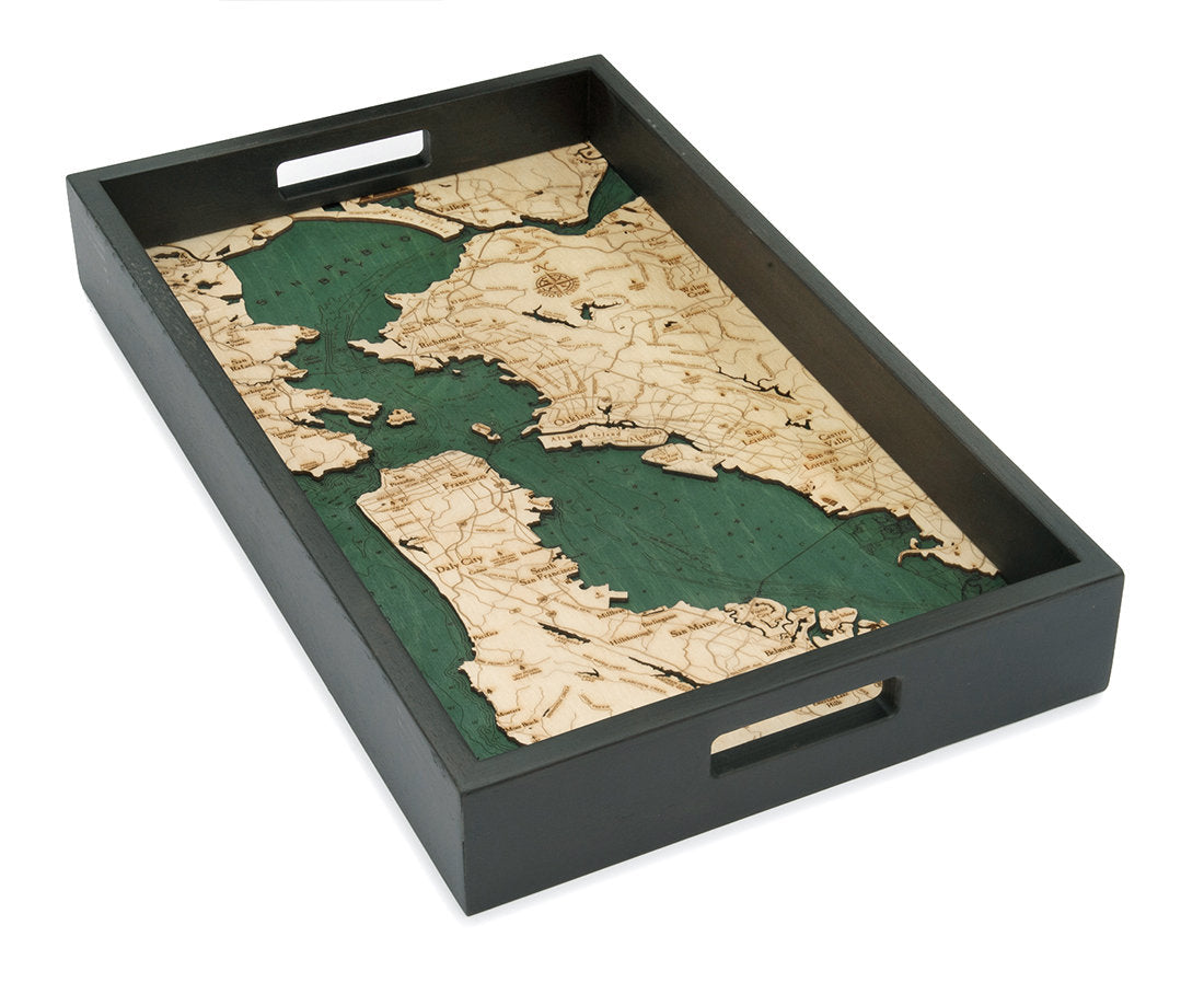 San Francisco, California wood serving tray in laser-cut Baltic birch, shown framed against a light wall