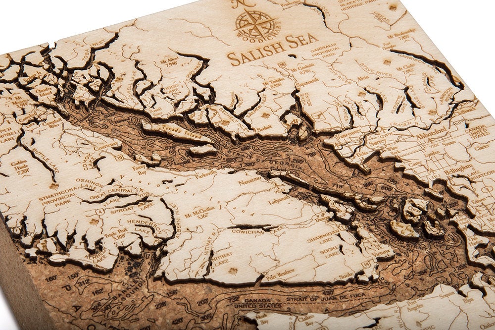 Salish Sea, Washington framed cork map in laser-cut Baltic birch, shown framed against a light wall