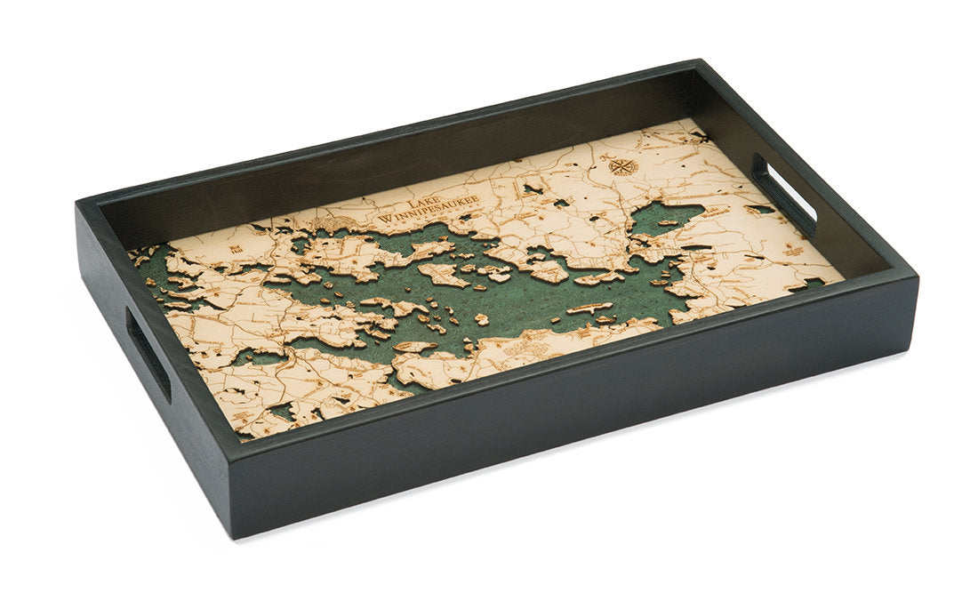Lake Winnipesaukee, New Hampshire wood serving tray in laser-cut Baltic birch, shown framed against a light wall