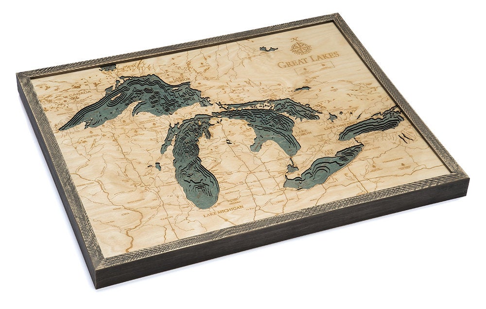 Great Lakes Wood Carved Topographical Depth Chart / Map - Nautical Lake Art