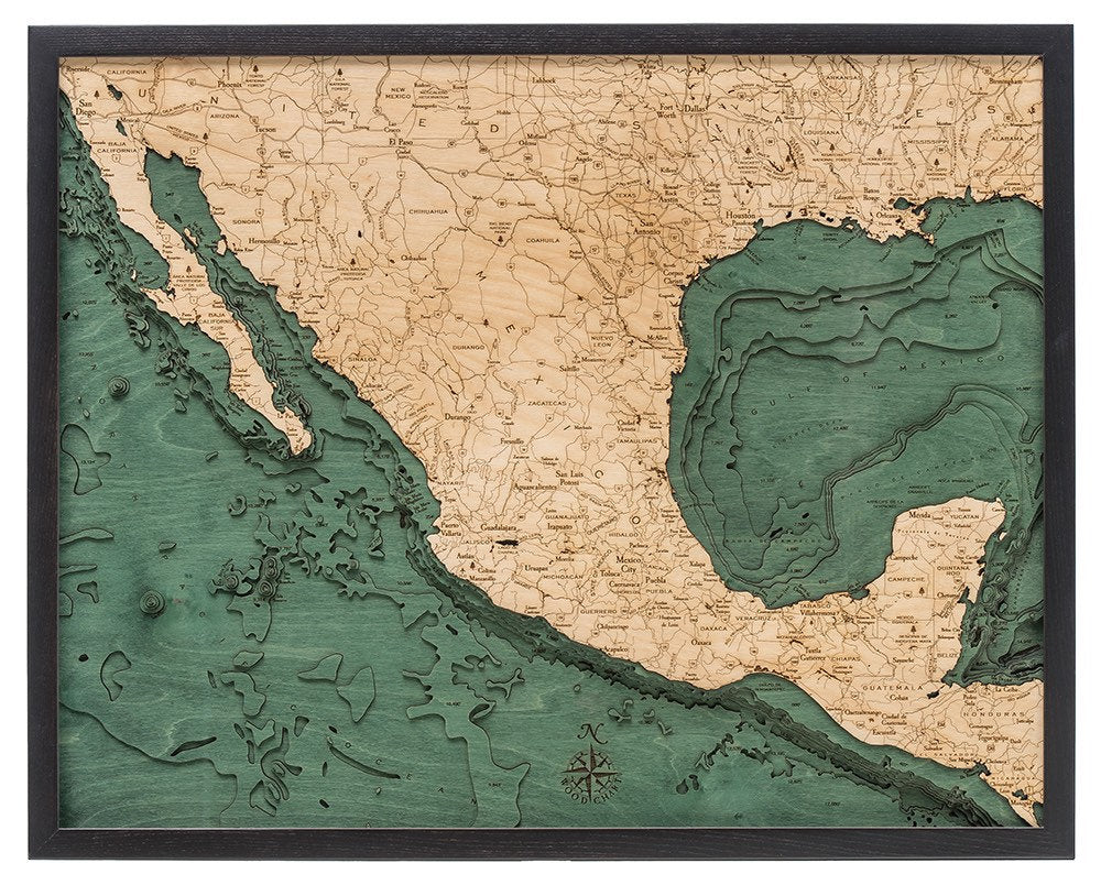 Mexico 3D layered wood map in laser-cut Baltic birch, shown framed against a light wall