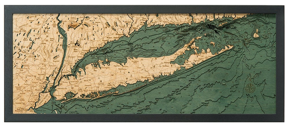 Long Island Sound 3D layered wood map in laser-cut Baltic birch, shown framed against a light wall