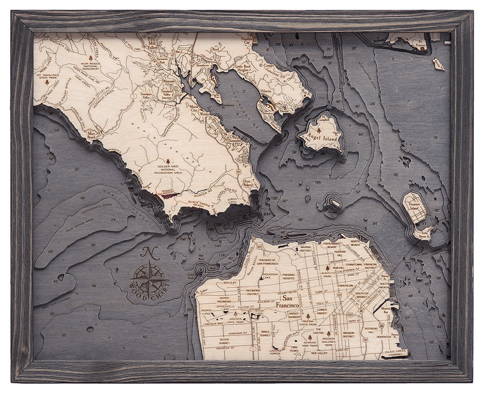 Golden Gate, California 3D layered wood map in laser-cut Baltic birch, shown framed against a light wall