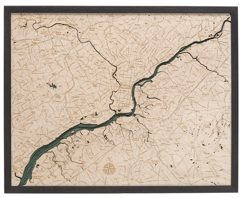 Philadelphia, Pennsylvania 3D layered wood map in laser-cut Baltic birch, shown framed against a light wall