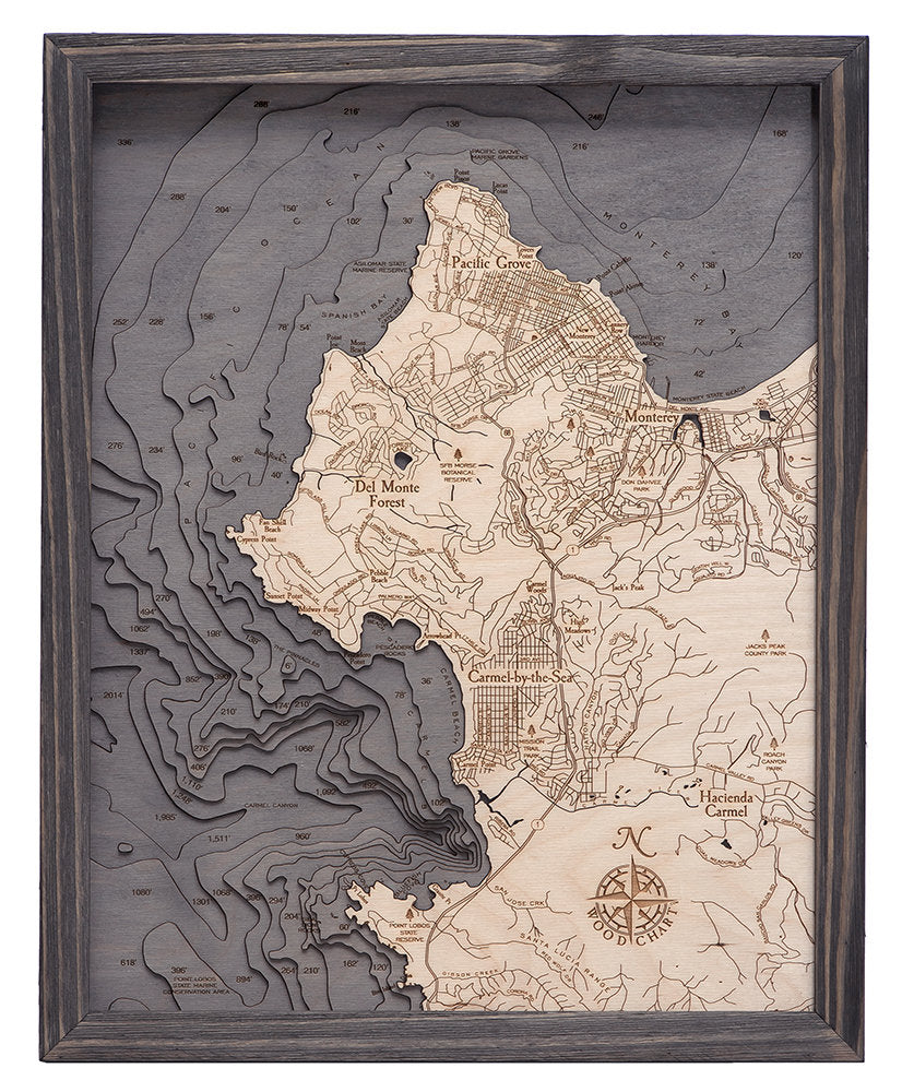 Carmel & Monterey, California Wood Carved Topographic Depth Chart / Map - Nautical Lake Art