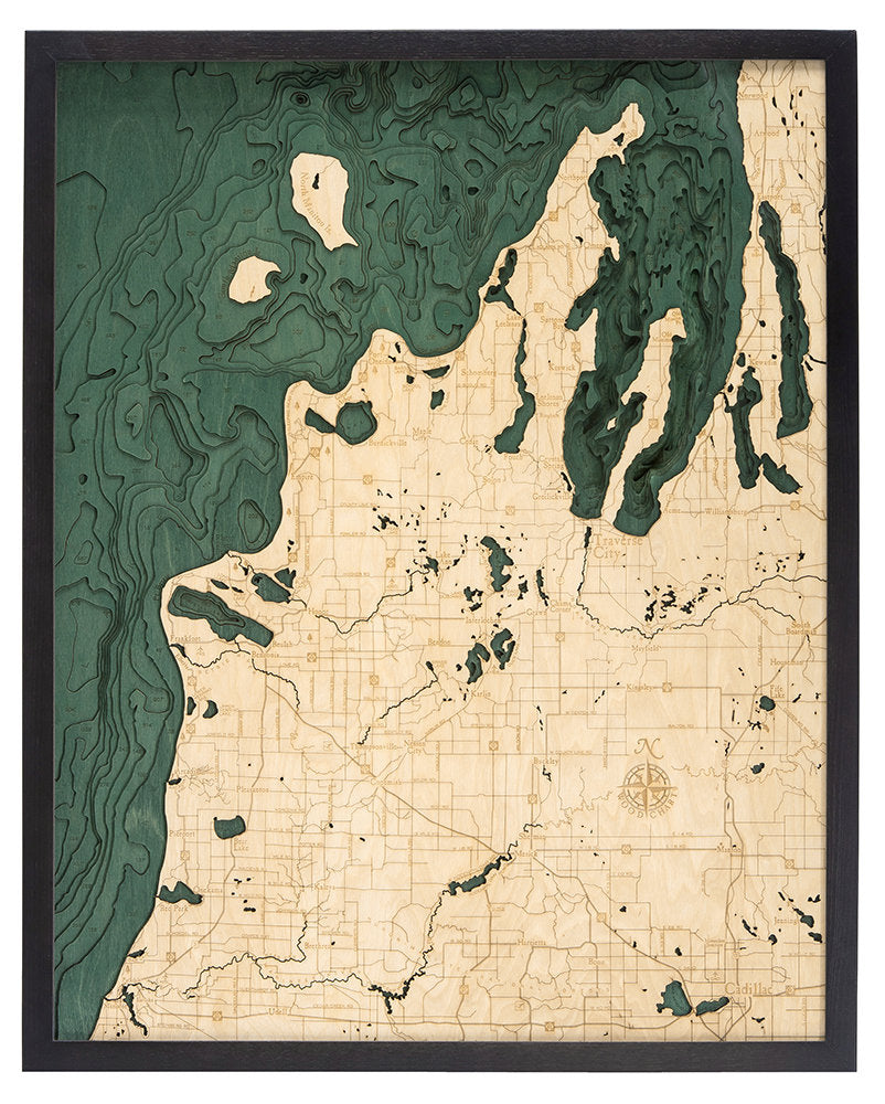 M-22, Michigan 3D layered wood map in laser-cut Baltic birch, shown framed against a light wall