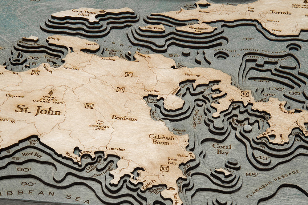 Virgin Islands, Caribbean 3D layered wood map in laser-cut Baltic birch, shown framed against a light wall